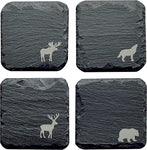 Woodland Animal Slate Coasters Engraved with Moose Bear Wolf Deer present zoo forest forestry grad graduate party fancy beer whiskey wine cocktail drinks drink beverage home bar essentials stocking stuffer dad men man manly outdoor outdoors stone souvenir Ontario British Columbia Alberta mountains wild and free in a gift box