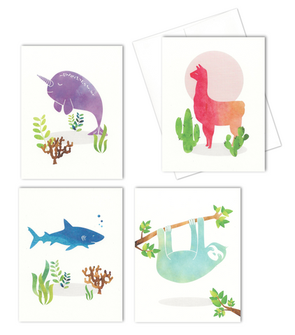Llama, Sloth, Shark, Narwhal All Occasion Blank Note Cards (Set of 12 Cards Total) - Size 4.25" X 5.5" 