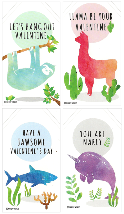 Wallet-Sized Llama Sloth Narwhal Shark Valentines – Nerdy Words