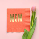 Mom Coral Pink Orange Cocktail Beverage Napkins (20 pcs) Gold Foil Stamped Party Decorations for Mother's Day Tea Party Brunch Appetizers Dinner Garden Party Spring May Mama Mother Grandmother Grandma