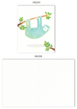 Hanging Sloth All Occasion Blank Note Card - Size 4.25" X 5.5"  (Set of 10)