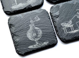 4 Pcs Slate Drink Coasters Engraved with Bunsen Burner & Vintage Chemistry Science Experiments by Nerdy Words teacher professor present scientist chemist physicist physics biology biologist university PhD MsC medical school pharmacist pharmacy grad graduate school high elementary prof chemical engineer periodic table old fashioned college mature party fancy