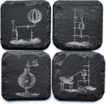 4 Pcs Slate Drink Coasters Engraved with Bunsen Burner & Vintage Chemistry Science Experiments by Nerdy Words teacher professor present scientist chemist physicist physics biology biologist university PhD MsC medical school pharmacist pharmacy grad graduate school high elementary prof chemical engineer periodic table old fashioned college mature party fancy