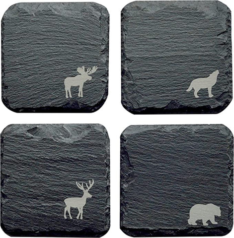 Woodland Animal Slate Coasters Engraved with Moose Bear Wolf Deer present zoo forest forestry grad graduate party fancy beer whiskey wine cocktail drinks drink beverage home bar essentials stocking stuffer dad men man manly outdoor outdoors stone souvenir Ontario British Columbia Alberta mountains wild and free in a gift box