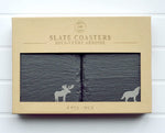 Woodland Animal Slate Coasters Engraved with Moose Bear Wolf Deer present zoo forest forestry grad graduate party fancy beer whiskey wine cocktail drinks drink beverage home bar essentials stocking stuffer dad men man manly outdoor outdoors stone souvenir Ontario British Columbia Alberta mountains wild and free in a gift box