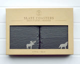 Woodland Animal Slate Coasters Engraved with Moose Bear Wolf Deer present zoo forest forestry grad graduate party fancy beer whiskey wine cocktail drinks drink beverage home bar essentials stocking stuffer dad men man manly outdoor outdoors stone souvenir Ontario British Columbia Alberta mountains wild and free in a gift box