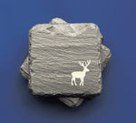 Woodland Animal Slate Coasters Engraved with Moose Bear Wolf Deer present zoo forest forestry grad graduate party fancy beer whiskey wine cocktail drinks drink beverage home bar essentials stocking stuffer dad men man manly outdoor outdoors stone souvenir Ontario British Columbia Alberta mountains wild and free in a gift box