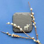Woodland Animal Slate Coasters Engraved with Moose Bear Wolf Deer present zoo forest forestry grad graduate party fancy beer whiskey wine cocktail drinks drink beverage home bar essentials stocking stuffer dad men man manly outdoor outdoors stone souvenir Ontario British Columbia Alberta mountains wild and free in a gift box