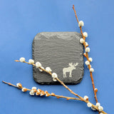 Woodland Animal Slate Coasters Engraved with Moose Bear Wolf Deer present zoo forest forestry grad graduate party fancy beer whiskey wine cocktail drinks drink beverage home bar essentials stocking stuffer dad men man manly outdoor outdoors stone souvenir Ontario British Columbia Alberta mountains wild and free in a gift box
