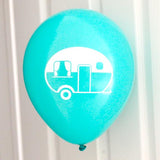 Latex Party Balloons with RV camping trailer for summer happy camper parties blue green brown