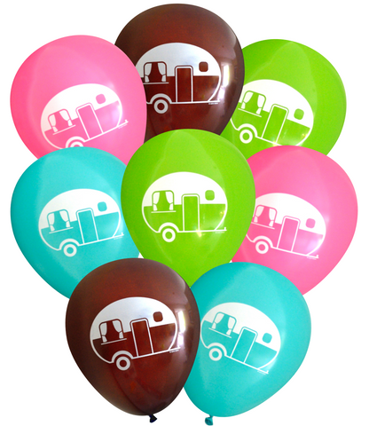 Latex Party Balloons with RV camping trailer for summer happy camper parties pink aqua lime brown