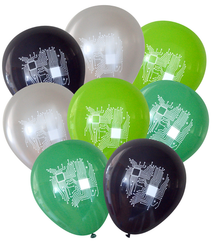 Latex Party Balloons by Nerdy Words, Computer Circuit Programming Geeky Silver Lime Green Black
