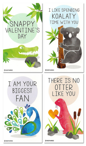 Mini Crocodile Otter Koala Peacock Valentines (Set of 24, Wallet-Sized Cards) for Valentine's Day 