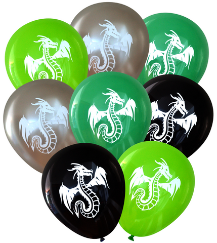 Latex Party Balloons by Nerdy Words, Dragon, Silver Black Green Lime