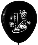 Latex Party Balloons by Nerdy Words, Mad Science Flask and Atoms Science Scientist - Black