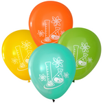 Latex Party Balloons by Nerdy Words, Mad Science Flask and Atoms Science Scientist - Orange Yellow Aqua Lime