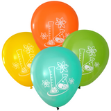 Latex Party Balloons by Nerdy Words, Mad Science Flask and Atoms Science Scientist - Orange Yellow Aqua Lime