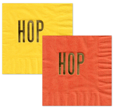 HOP HOP Easter / Bunny Rabbit Cocktail Beverage Napkins (20 pcs) Coral and Yellow with Gold Foil Party Decorations by Nerdy Words