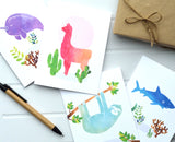 Llama, Sloth, Shark, Narwhal All Occasion Blank Note Cards (Set of 12 Cards Total) - Size 4.25" X 5.5" 