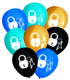 Latex Party Balloons with padlock  keys for escape room pirate treasure hunt birthday black gold aqua