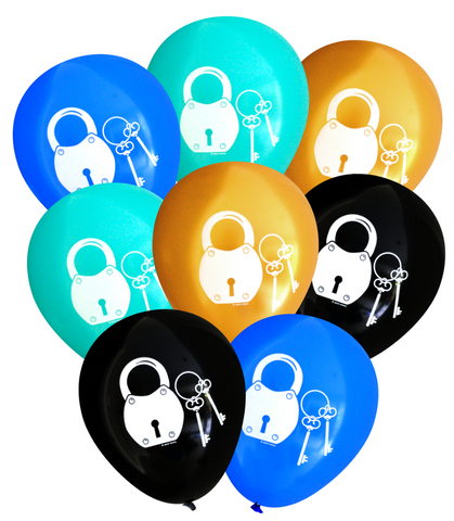 Latex Party Balloons with padlock  keys for escape room pirate treasure hunt birthday black gold aqua