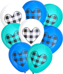 Latex Party Balloons by Nerdy Words, Buffalo Plaid Heart, White, Blue, Aqua