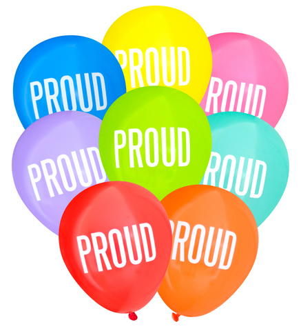 Latex Party Balloons with PROUD for gay pride parade month or graduation celebrations
