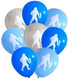 Latex Party Balloons with Sasquatch Symbol for Wildnerness Parties in Blue and Silver