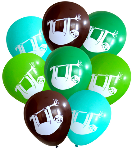 Latex Party Balloons with hanging sloth for sleepover slumber birthday parties lime green aqua brown