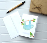 Hanging Sloth All Occasion Blank Note Card - Size 4.25" X 5.5"  (Set of 10)