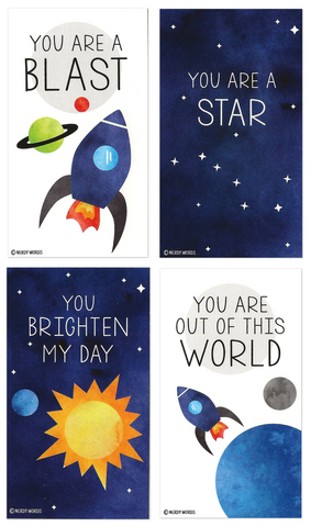 Mini Outer Space Pun Joke Valentines (Set of 24, Wallet-Sized Cards) for Valentine's Day 