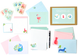 Stationery Box Set (55 Pcs) Including Writing Paper Envelopes Postcards Sticky Note Pad Pen and Stickers Featuring Cat Dog Flamingo Llama Sloth and Peacock Stationary 